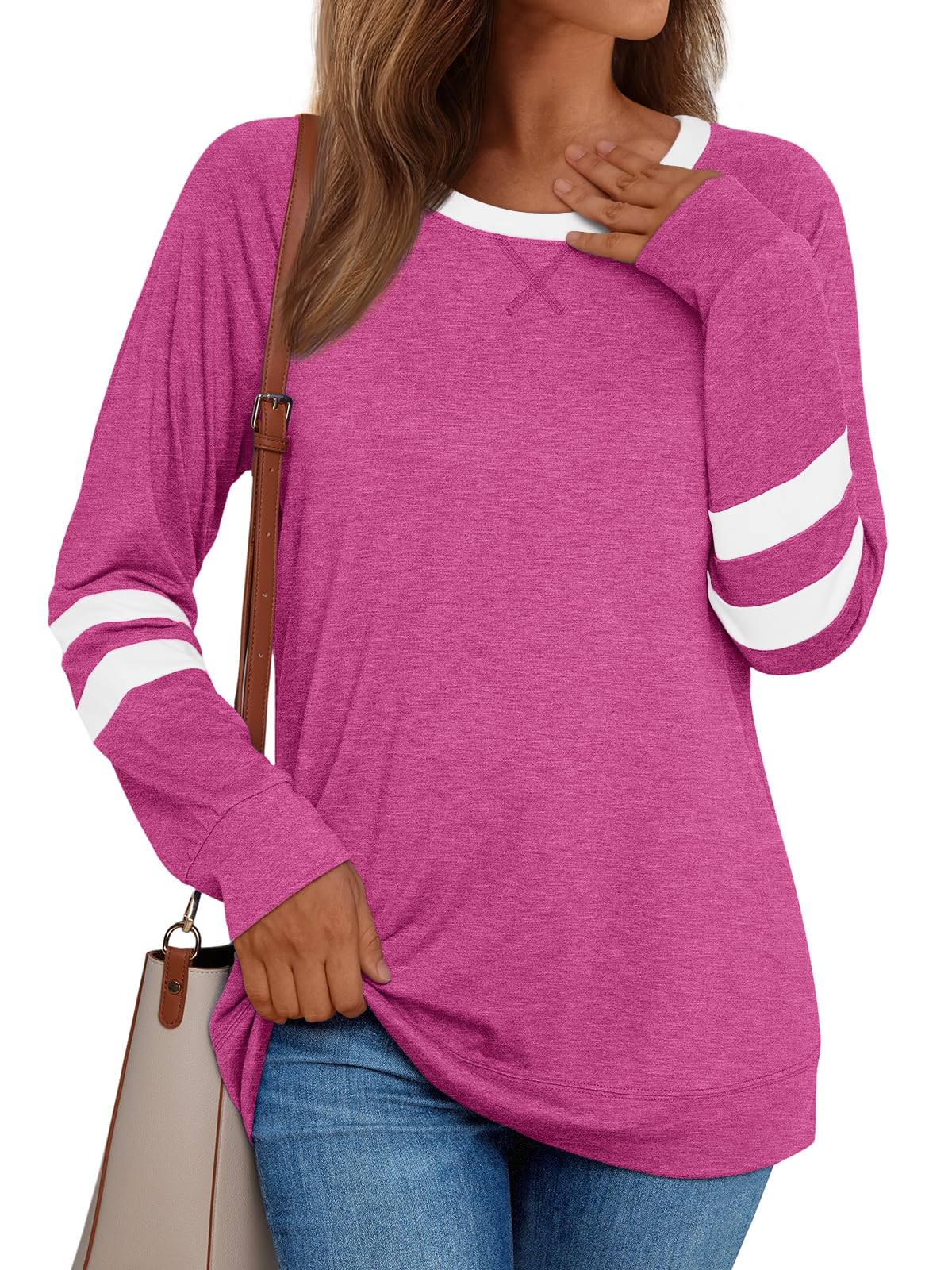AUTOMET Womens Long Sleeve Shirts Color Block Casual Crewneck Tops Tshirt Basic Tees Fall Fashion Clothes Trendy Outfits