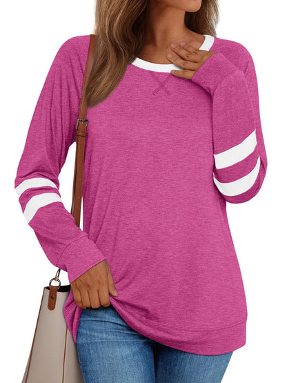 AUTOMET Womens Long Sleeve Shirts Color Block Casual Crewneck Tops Tshirt Basic Tees Fall Fashion Clothes Trendy Outfits