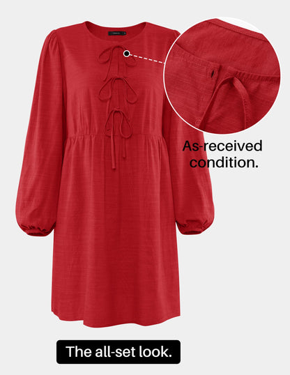ZESICA Women's Dress Fall Long Puff Sleeve Self Tie Front Babydoll A Line Pleated Cute Mini Tunic Dresses 2025