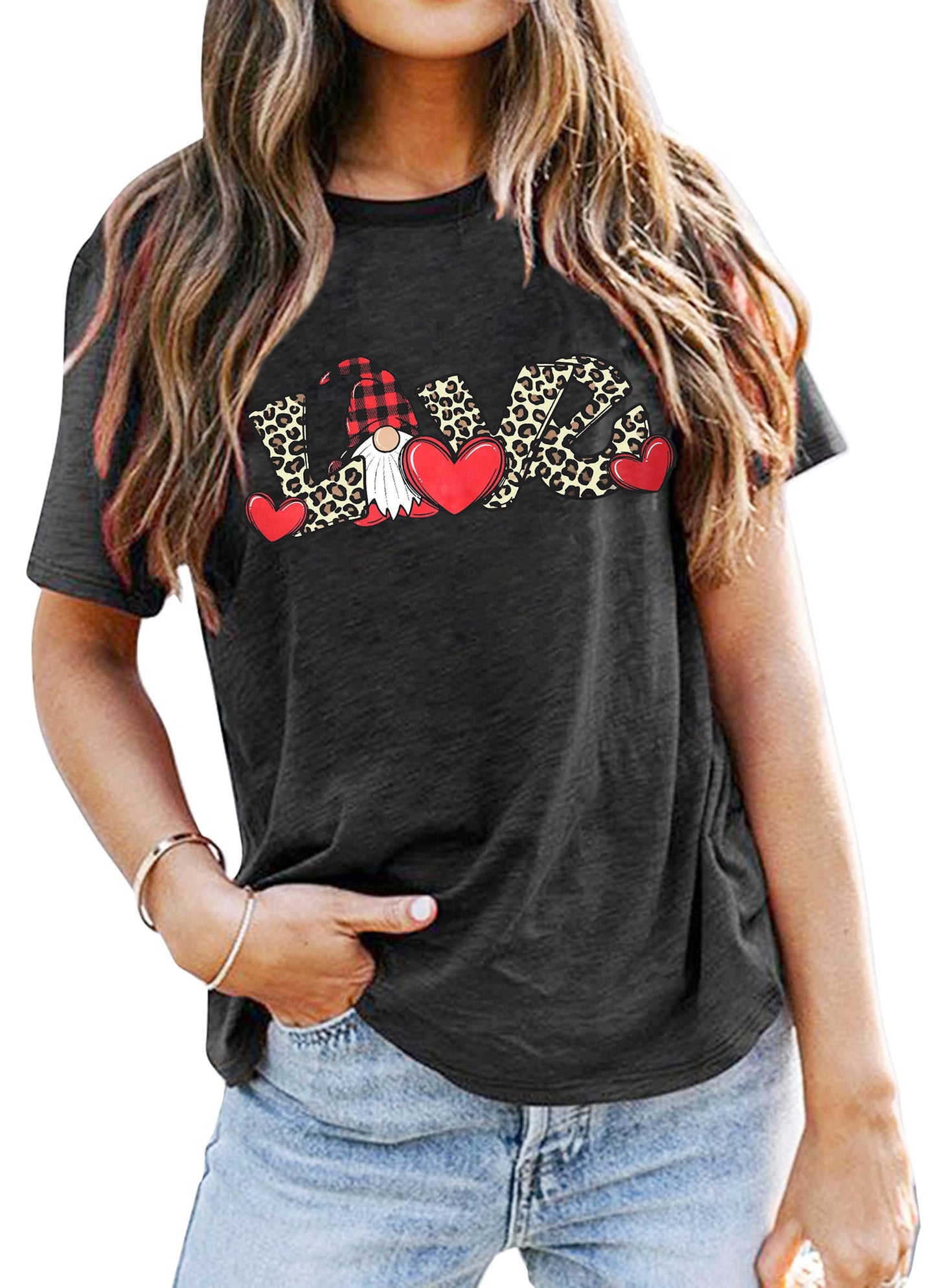 Valentine's Day Shirt for Womens Cute Gnomes T-Shirt Love Heart Printed Shirts Short Sleeve Graphic Tees Tops