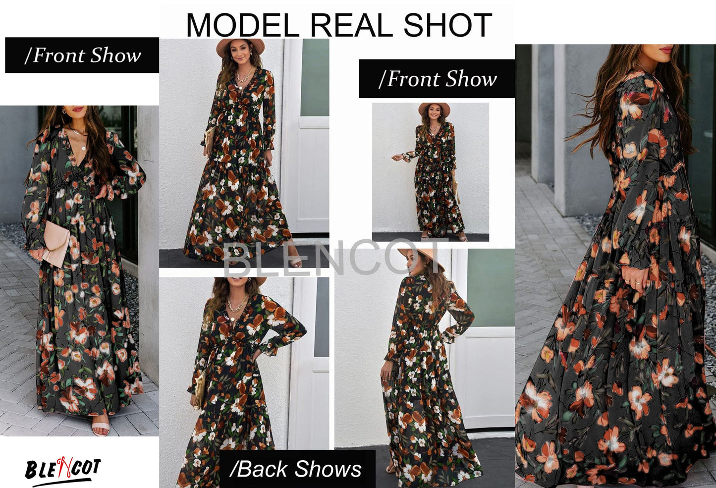BLENCOT Womens Casual Boho Deep V Neck Short Sleeve Long Dress