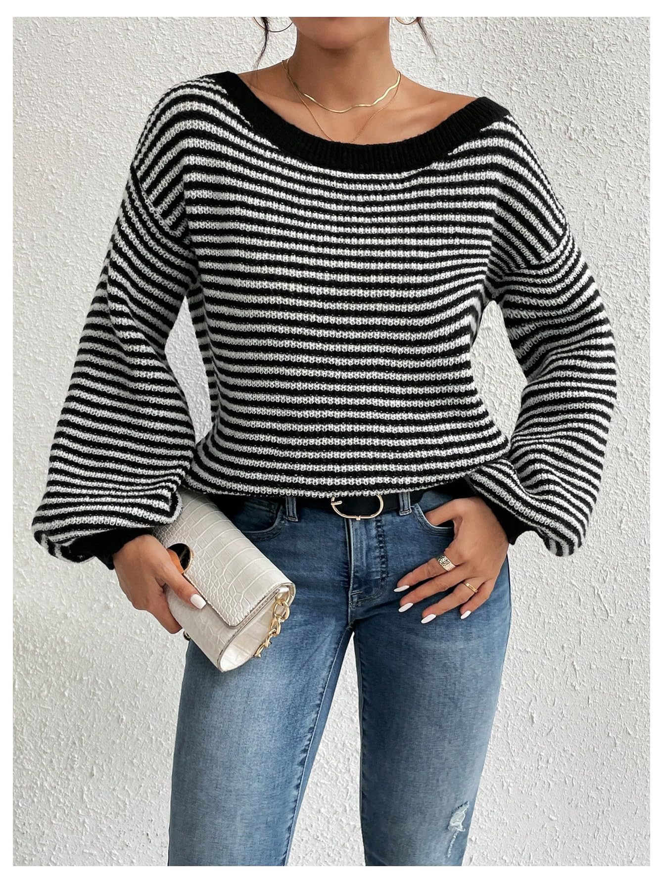 SOLY HUX Women's Off The Shoulder Striped Sweaters Oversized Long Sleeve Knit Pullover Tops