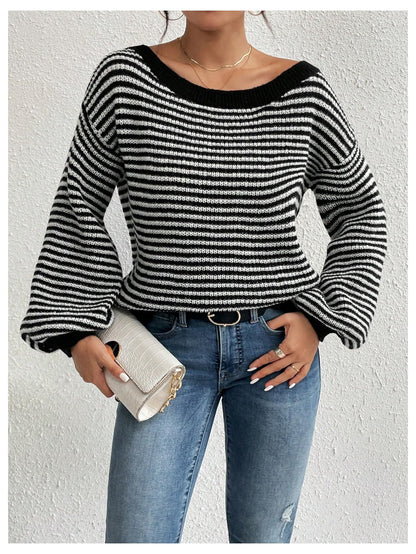 SOLY HUX Women's Off The Shoulder Striped Sweaters Oversized Long Sleeve Knit Pullover Tops