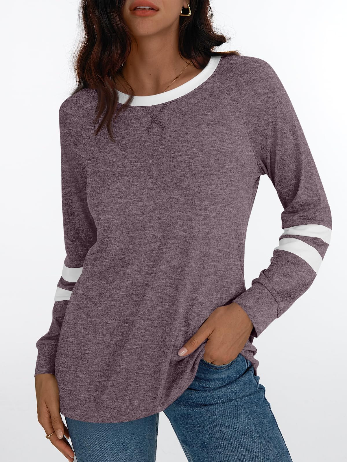 AUTOMET Womens Long Sleeve Shirts Color Block Casual Crewneck Tops Tshirt Basic Tees Fall Fashion Clothes Trendy Outfits