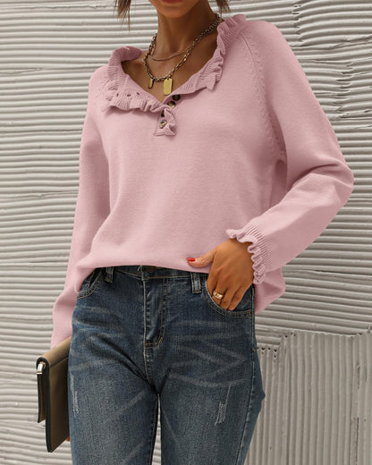 BTFBM 2024 Womens Sweaters Fall Winter Outfits Long Sleeve Button Down Ruffle Crew Neck Casual Knitted Pullover Tops