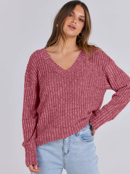 ANRABESS Long Sleeve Shirts for Women V Neck Casual Fall Tops Loose Fit Lightweight Sweaters Tunic Fashion 2024 Clothes