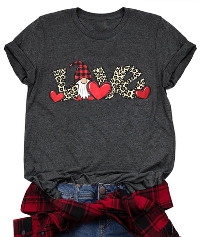 Valentine's Day Shirt for Womens Cute Gnomes T-Shirt Love Heart Printed Shirts Short Sleeve Graphic Tees Tops