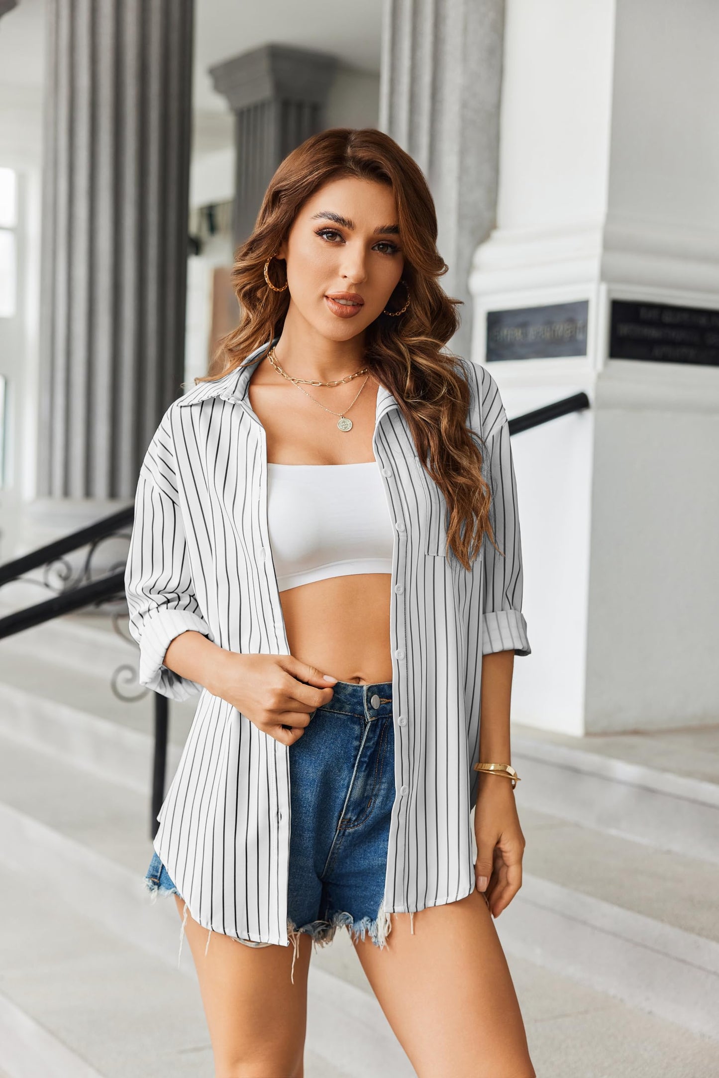 HOTOUCH Women Oversized Button Down Shirts Office Drop Shoulder Blouse Long Sleeve Boyfriend Dress Shirt with Pockets