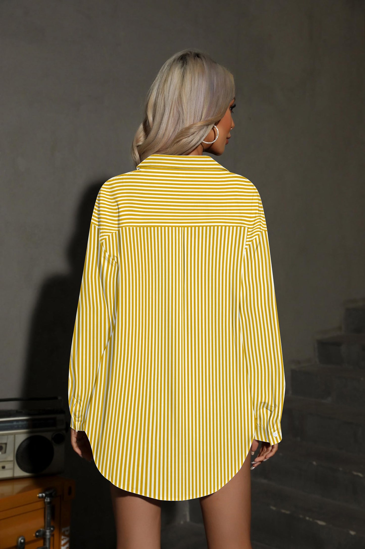 HOTOUCH Women Oversized Button Down Shirts Office Drop Shoulder Blouse Long Sleeve Boyfriend Dress Shirt with Pockets