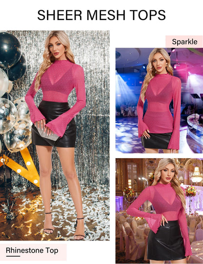 BBX Lephsnt Women Sheer Mesh Tops Long Bell Sleeve Rhinestone Top Mock Neck Blouses Sparkle Glitter Shirts See Through Tee
