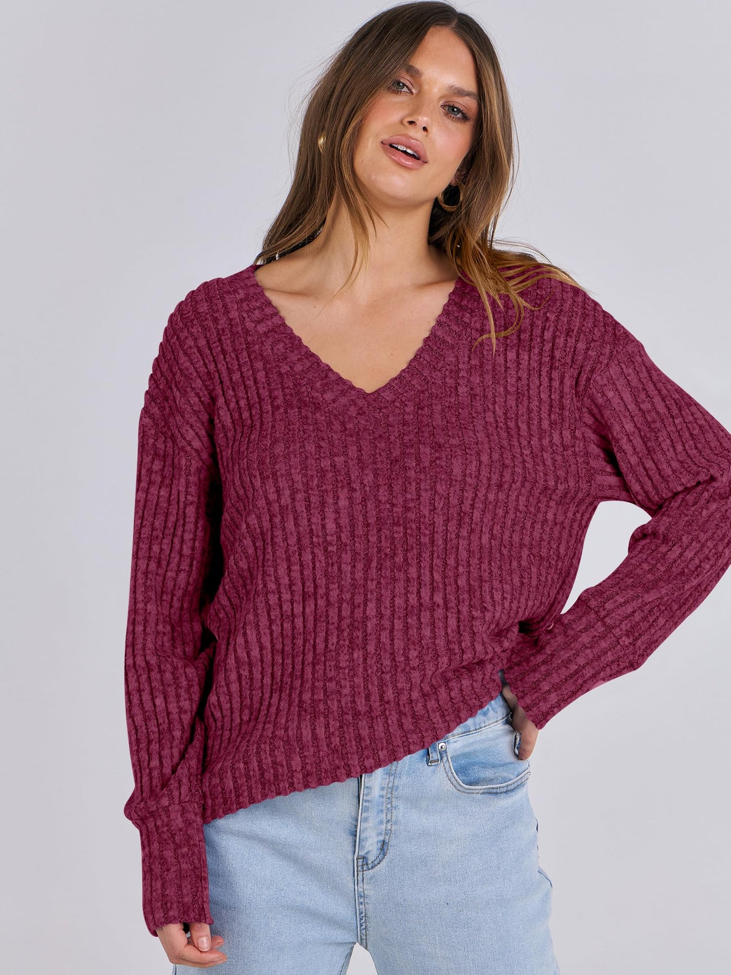 ANRABESS Long Sleeve Shirts for Women V Neck Casual Fall Tops Loose Fit Lightweight Sweaters Tunic Fashion 2024 Clothes