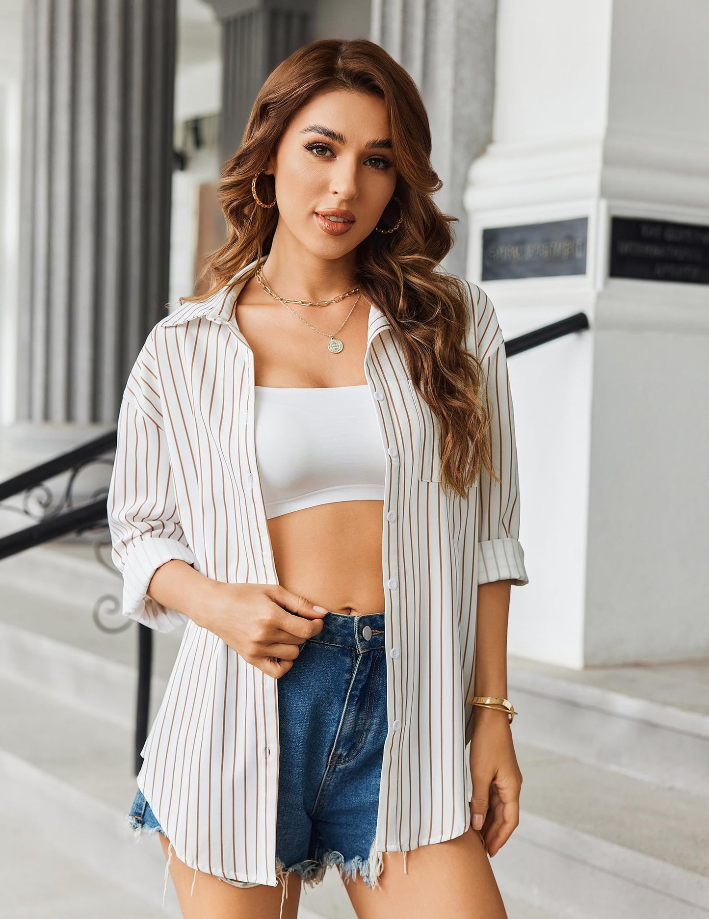 HOTOUCH Women Oversized Button Down Shirts Office Drop Shoulder Blouse Long Sleeve Boyfriend Dress Shirt with Pockets