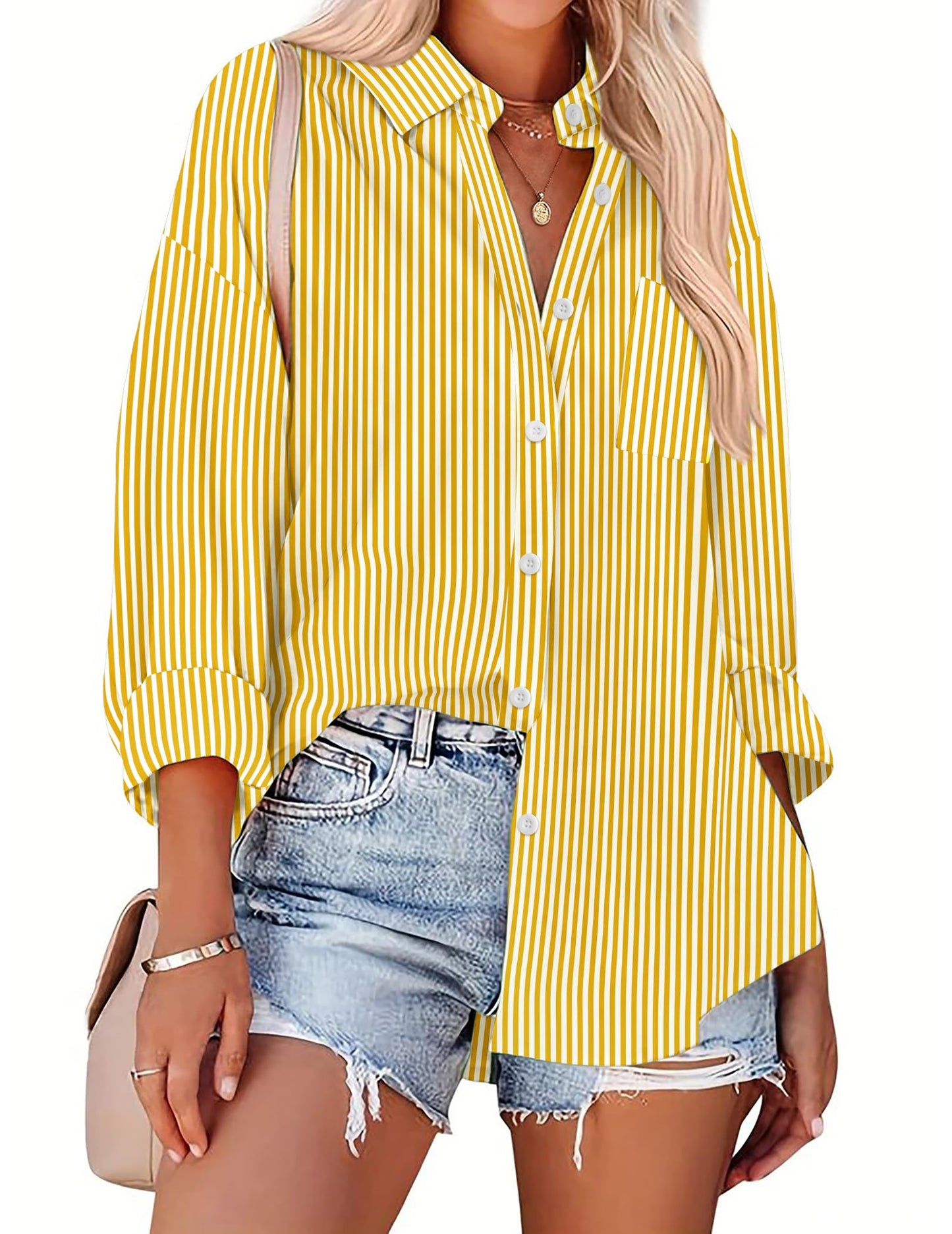 HOTOUCH Women Oversized Button Down Shirts Office Drop Shoulder Blouse Long Sleeve Boyfriend Dress Shirt with Pockets