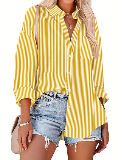 HOTOUCH Women Oversized Button Down Shirts Office Drop Shoulder Blouse Long Sleeve Boyfriend Dress Shirt with Pockets