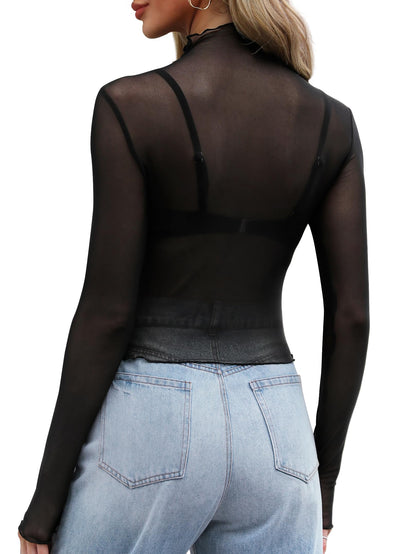 WIHOLL Womens Mesh Sheer Tops Sexy Crew Neck Summer Loose FIt Party Clubwear Shirts
