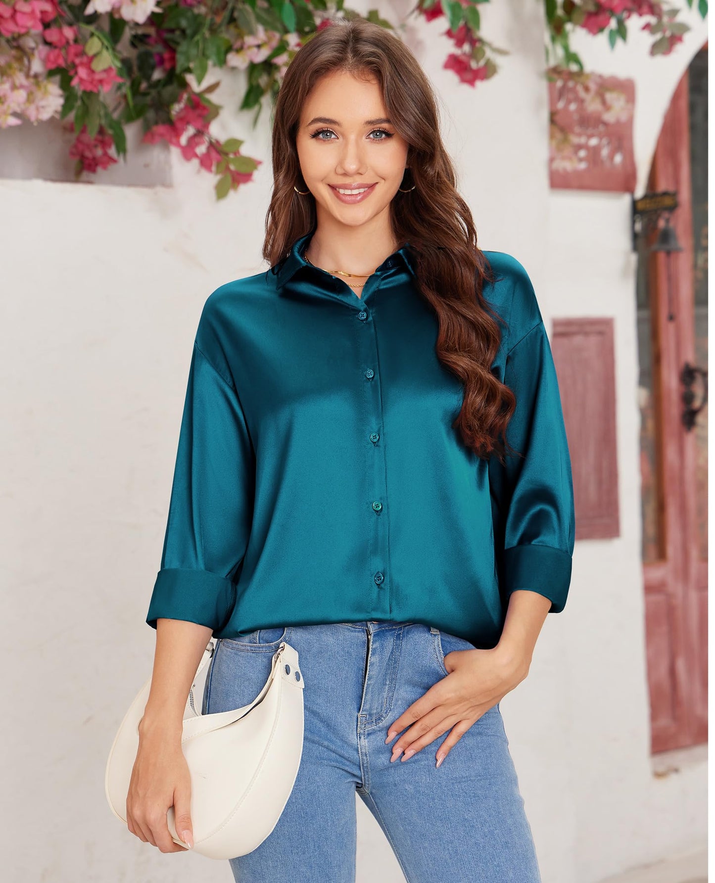 siliteelon Satin Blouses for Women Silk Button Down Shirts Casual Long Sleeve Shirt Business Office Work Tunic Tops