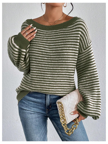 SOLY HUX Women's Off The Shoulder Striped Sweaters Oversized Long Sleeve Knit Pullover Tops