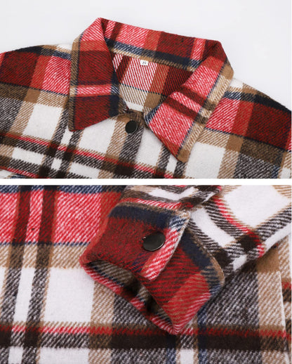 Beaully Women's Flannel Plaid Shacket Long Sleeve Button Down Shirts Jacket Coats with Side Pockets