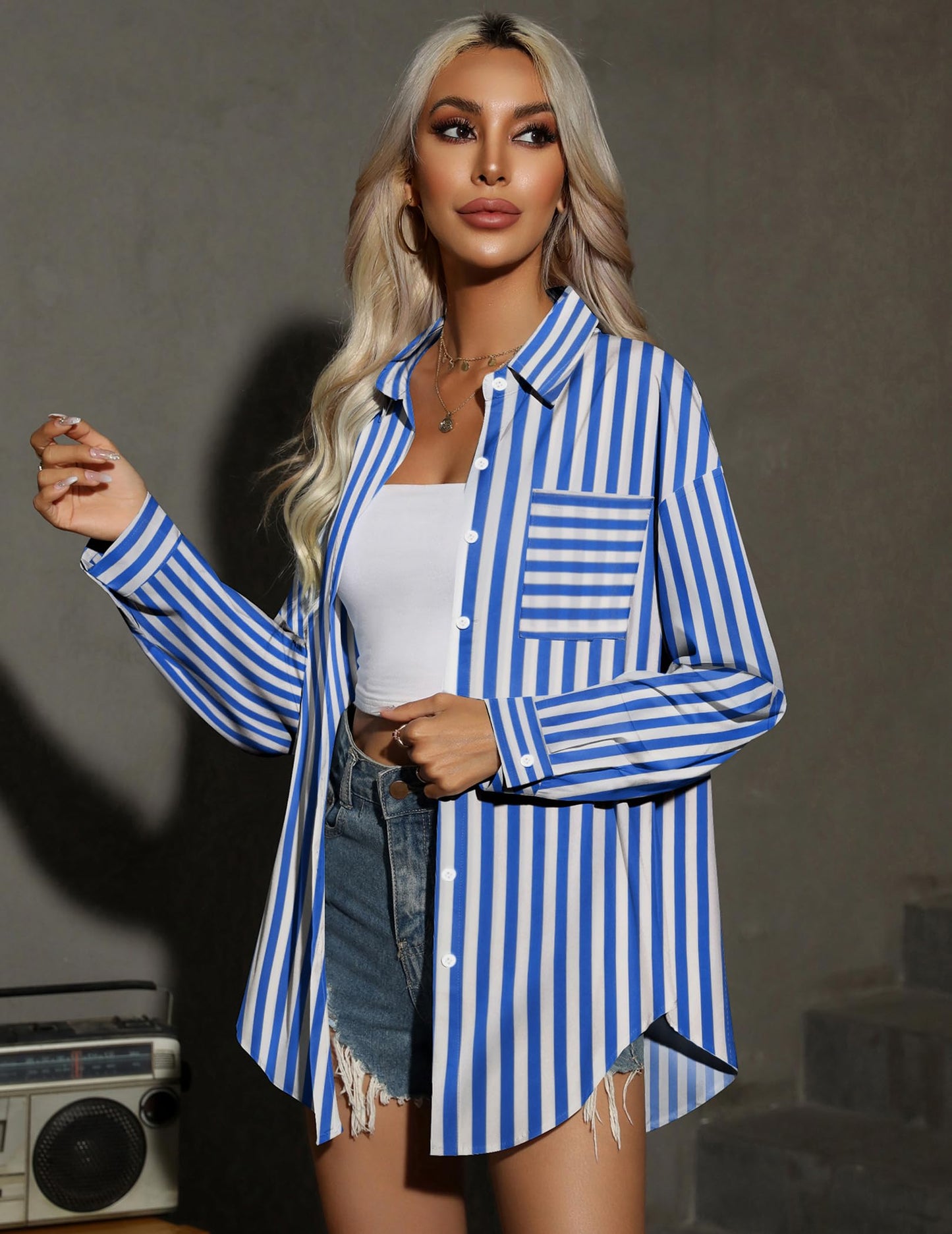 HOTOUCH Women Oversized Button Down Shirts Office Drop Shoulder Blouse Long Sleeve Boyfriend Dress Shirt with Pockets