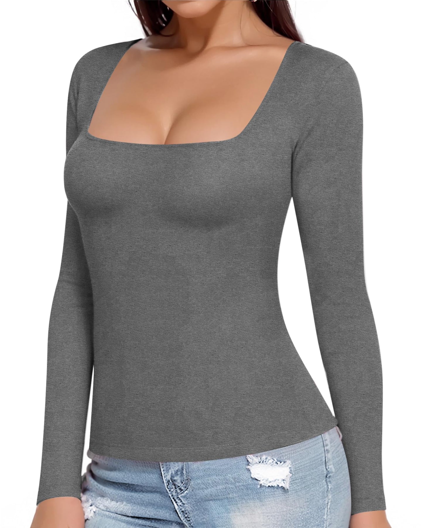 MANGOPOP Womens Square Neck T Shirts Long Sleeve Tops Fitted Tees