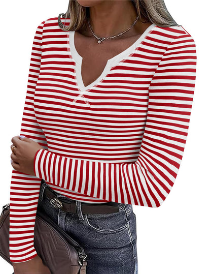 Zeagoo Womens Long Sleeve Shirts V-Neck Slim Fitted Knit Top Stretch Ribbed Basic Tee Casual Y2k Going Out T-Shirt