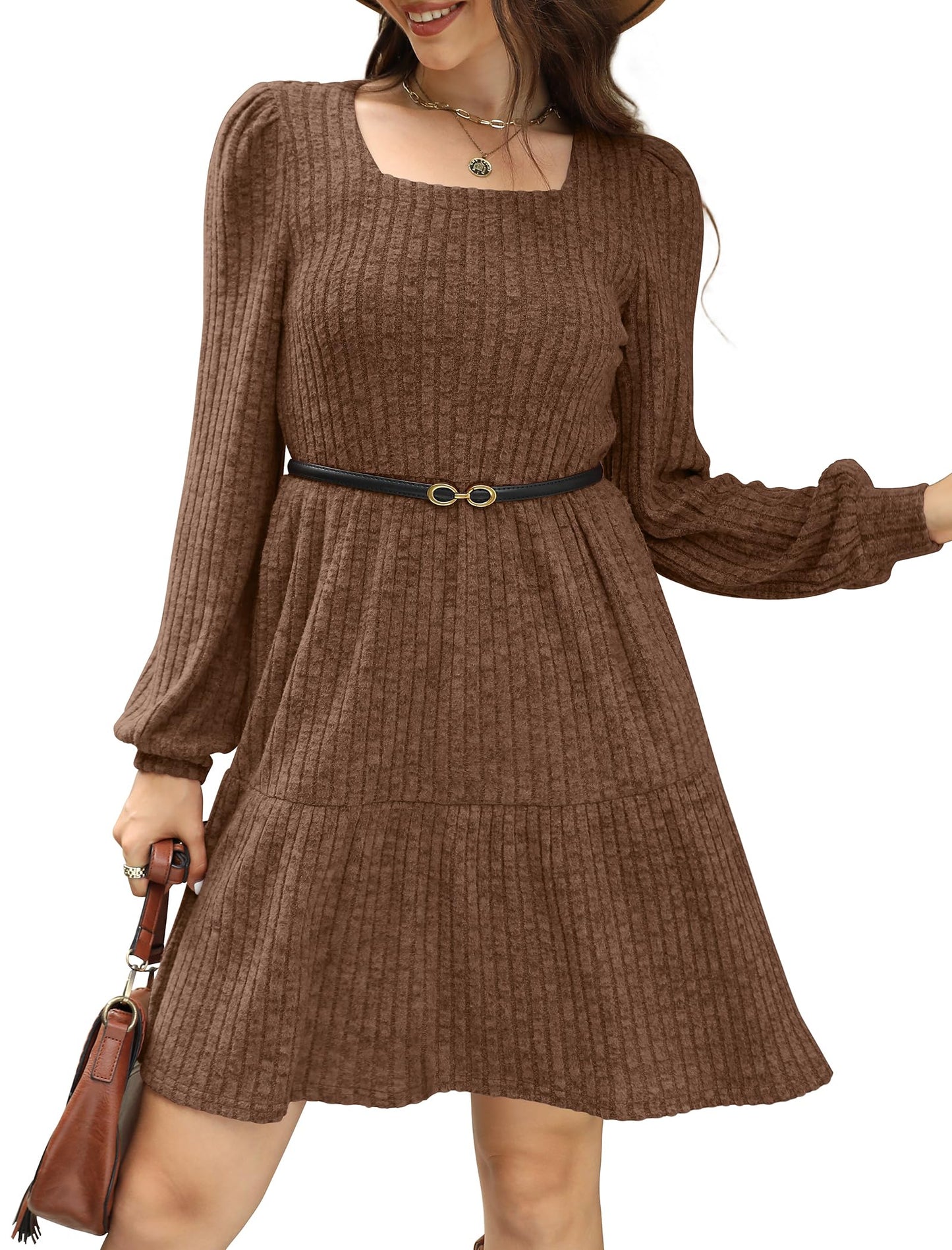 SAMPEEL Womens Square Neck Long Sleeve Fall Dresses Casual Babydoll Sweater Dress