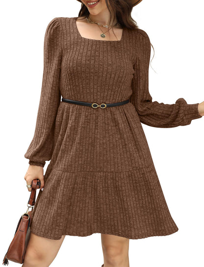 SAMPEEL Womens Square Neck Long Sleeve Fall Dresses Casual Babydoll Sweater Dress