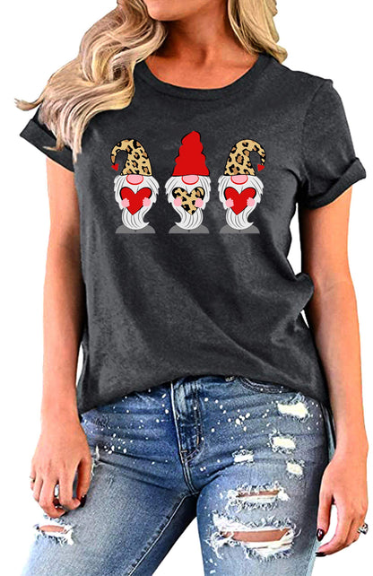 Valentine's Day Shirt for Womens Cute Gnomes T-Shirt Love Heart Printed Shirts Short Sleeve Graphic Tees Tops