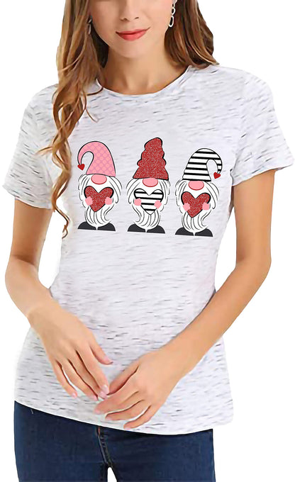 Valentine's Day Shirt for Womens Cute Gnomes T-Shirt Love Heart Printed Shirts Short Sleeve Graphic Tees Tops