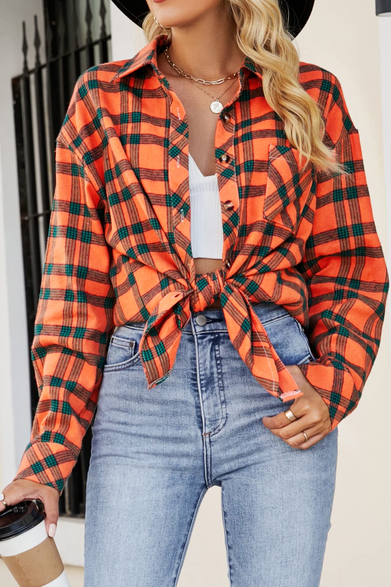CHYRII Womens Button Down Flannel Shirts Long Sleeve Plaid Shackets Business Casual Blouse Top