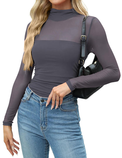 Zeagoo Women's Sexy Mock Turtle Neck Long Sleeve Tops Sheer Mesh Ruched Trendy Going Out Shirts Blouse