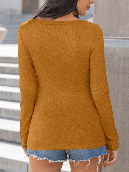Kissfix Womens Long Sleeve Shirts Going Out Fall Clothes Casual Henley Tops Ribbed Knit Blouses Fashion Trendy Outfits