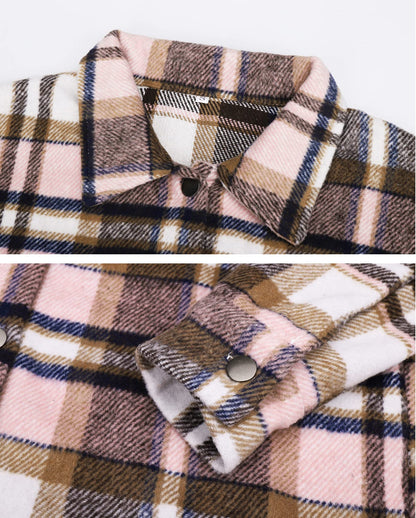 Beaully Women's Flannel Plaid Shacket Long Sleeve Button Down Shirts Jacket Coats with Side Pockets