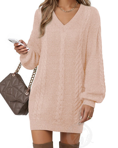 Women's Pullovers Jumper Sweaters Lantern Sleeve Casual V Neck Fall Knit Mini Sweater Dresses