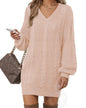 Women's Pullovers Jumper Sweaters Lantern Sleeve Casual V Neck Fall Knit Mini Sweater Dresses