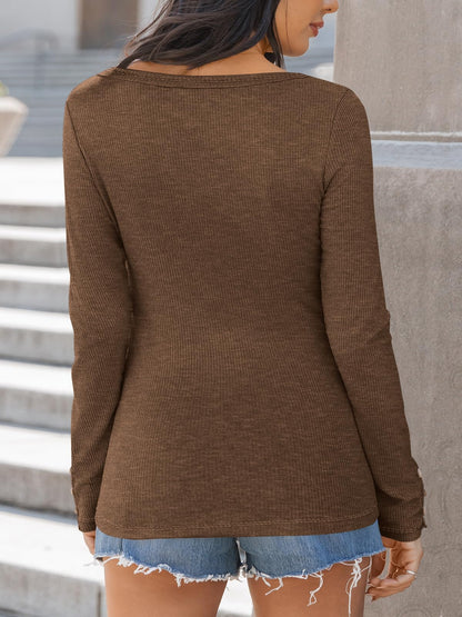 Kissfix Womens Long Sleeve Shirts Going Out Fall Clothes Casual Henley Tops Ribbed Knit Blouses Fashion Trendy Outfits