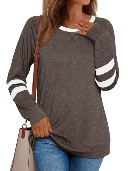 AUTOMET Womens Long Sleeve Shirts Color Block Casual Crewneck Tops Tshirt Basic Tees Fall Fashion Clothes Trendy Outfits
