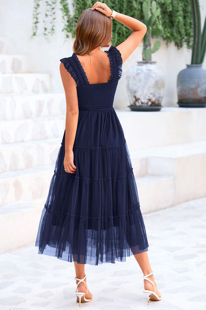 PRETTYGARDEN Women's 2024 Summer Midi Dress Casual Sleeveless Smocked Ruffle Tulle Flowy Party Wedding Guest Sundress