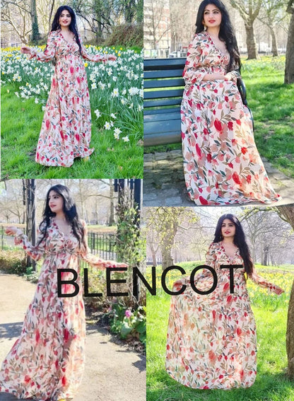 BLENCOT Womens Casual Boho Deep V Neck Short Sleeve Long Dress