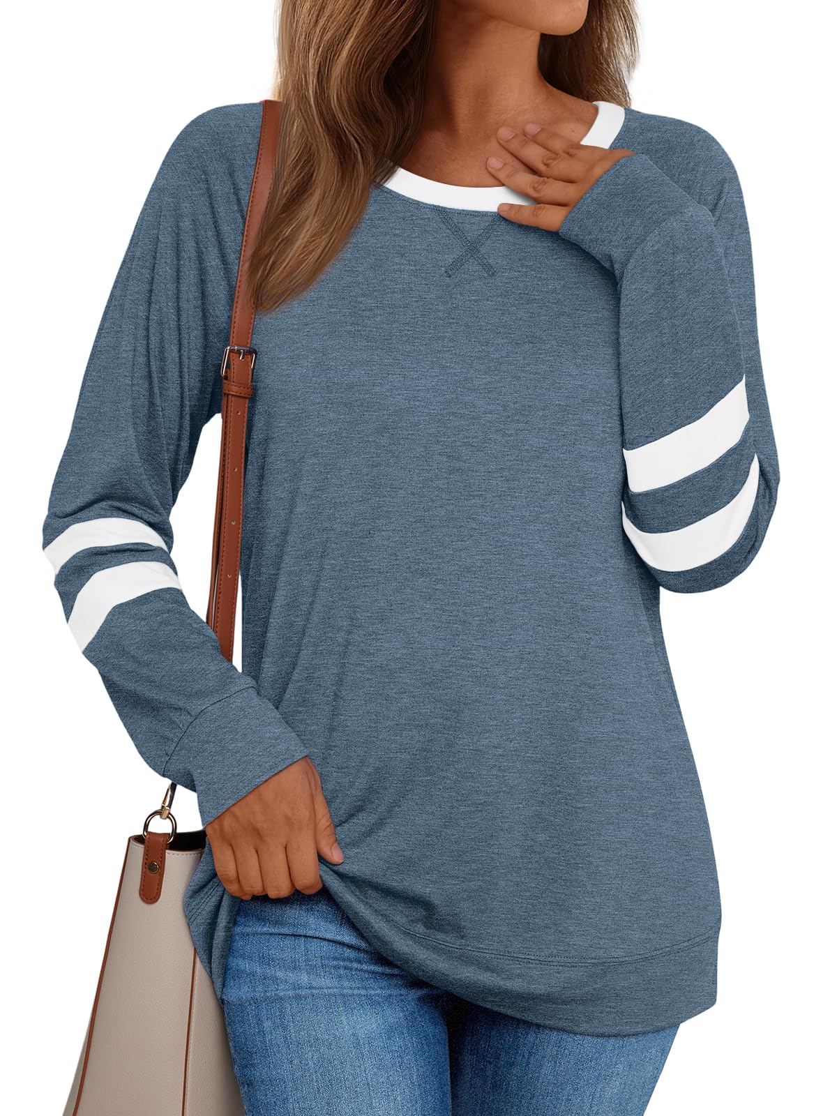 AUTOMET Womens Long Sleeve Shirts Color Block Casual Crewneck Tops Tshirt Basic Tees Fall Fashion Clothes Trendy Outfits