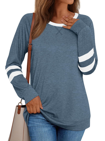 AUTOMET Womens Long Sleeve Shirts Color Block Casual Crewneck Tops Tshirt Basic Tees Fall Fashion Clothes Trendy Outfits