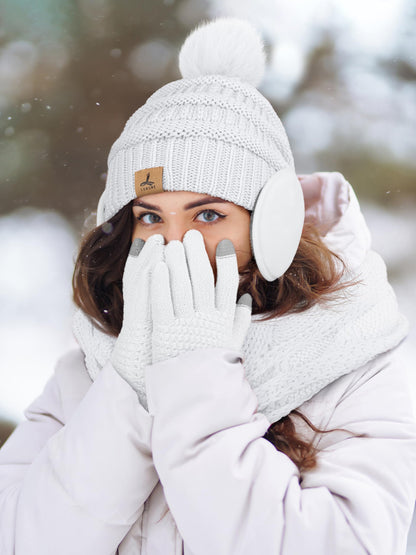 Winter Hat Scarf Gloves and Ear Warmer, Warm Knit Beanie Hat Touch Screen Gloves Set Winter Gifts Neck Scarves for Women