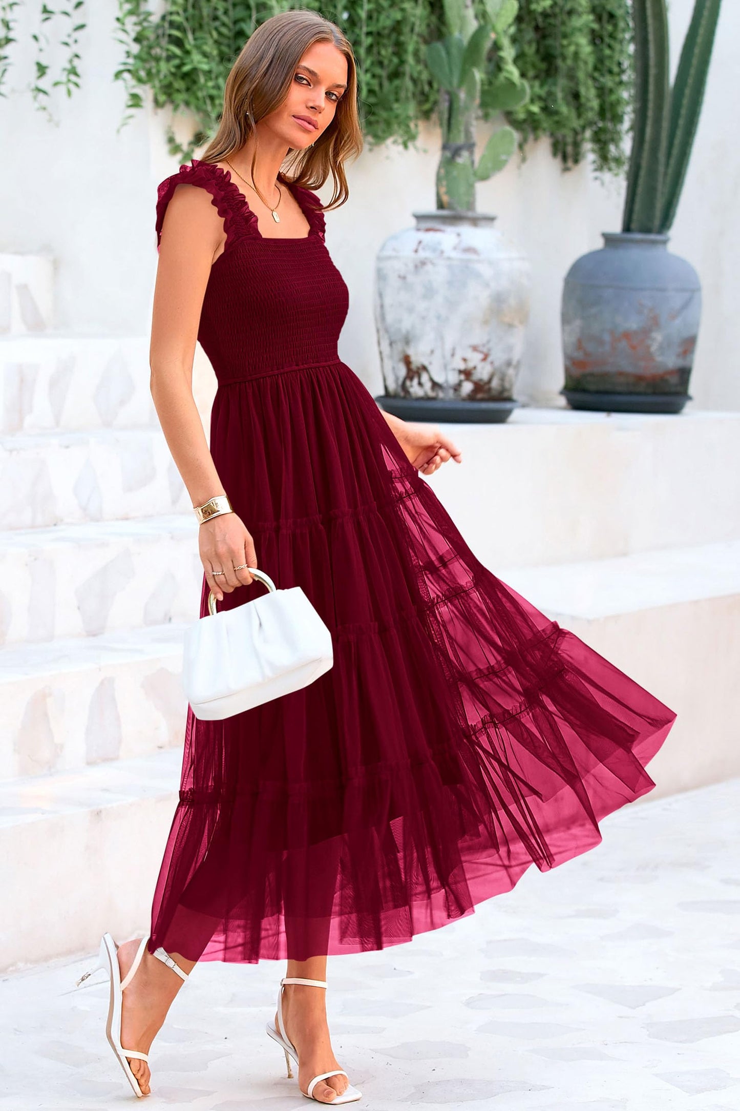 PRETTYGARDEN Women's 2024 Summer Midi Dress Casual Sleeveless Smocked Ruffle Tulle Flowy Party Wedding Guest Sundress