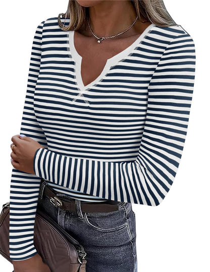 Zeagoo Womens Long Sleeve Shirts V-Neck Slim Fitted Knit Top Stretch Ribbed Basic Tee Casual Y2k Going Out T-Shirt