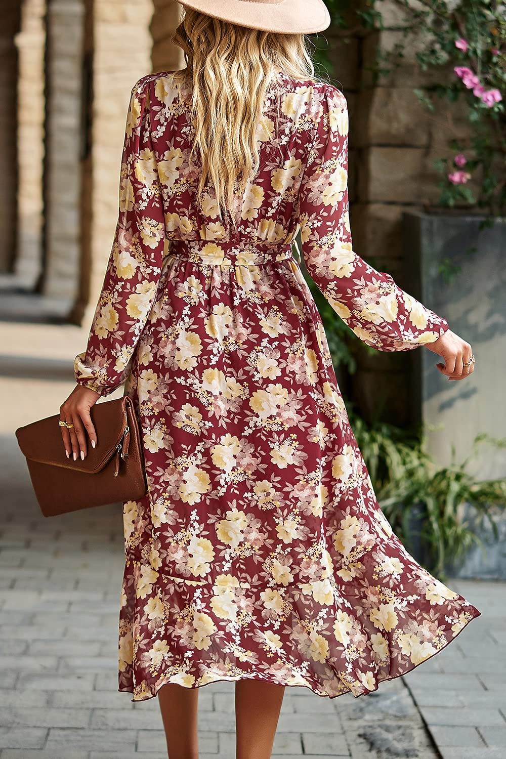 PRETTYGARDEN Women's Floral Print Boho Dress Long Sleeve Wrap V Neck Ruffle Belted A-Line Flowy Maxi Dresses