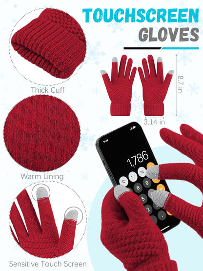 Winter Hat Scarf Gloves and Ear Warmer, Warm Knit Beanie Hat Touch Screen Gloves Set Winter Gifts Neck Scarves for Women