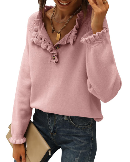 BTFBM 2024 Womens Sweaters Fall Winter Outfits Long Sleeve Button Down Ruffle Crew Neck Casual Knitted Pullover Tops