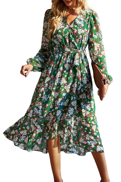 PRETTYGARDEN Women's Floral Print Boho Dress Long Sleeve Wrap V Neck Ruffle Belted A-Line Flowy Maxi Dresses