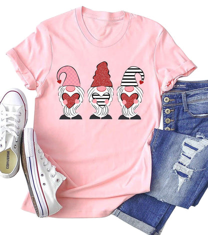 Valentine's Day Shirt for Womens Cute Gnomes T-Shirt Love Heart Printed Shirts Short Sleeve Graphic Tees Tops