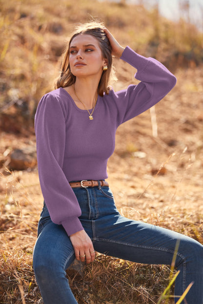 MASCOMODA Long Puff Sleeve Sweaters for Women 2024 Fall Winter Crewneck Knit Ribbed Bodysuit Pullover Tops